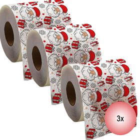 Drei Rollen des bedruckten Toilettenpapiers mit Weihnachtsmann-Motiv, Geschenken und Schneeflocken.