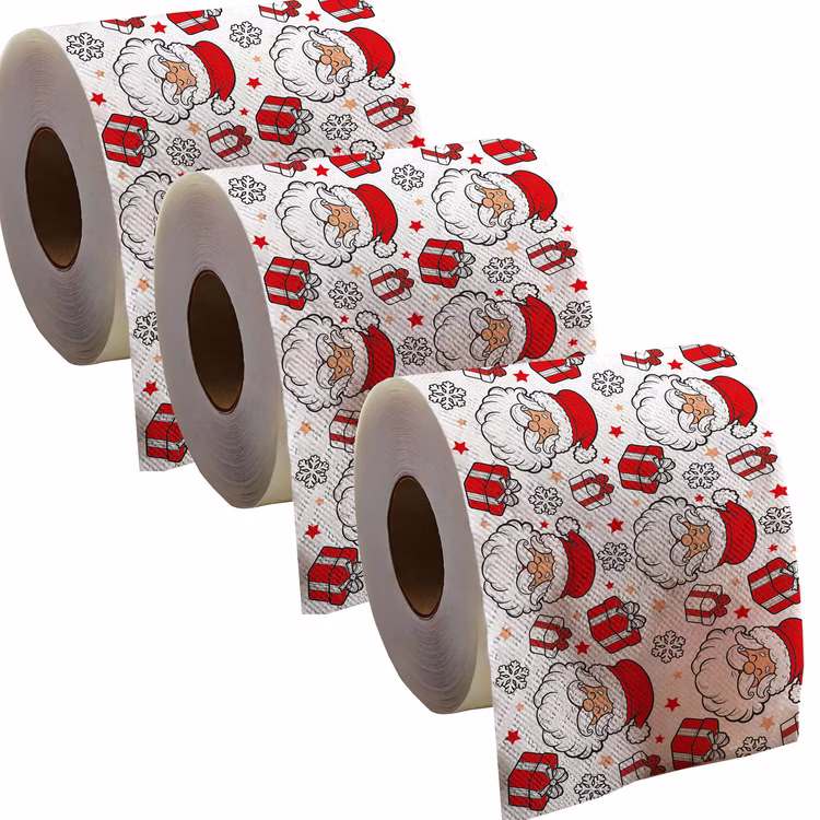 Toilettenpapier 3 Rollen Weihnachten 2lagig mit Weihnachts-Motiv 30m Bad-Deko Weihnachts-Deko Advent Badezimmer Gäste-WC Weihnachtsstimmung Dezember Drei Rollen des bedruckten Toilettenpapiers mit Weihnachtsmann-Motiv, Geschenken und Schneeflocken.