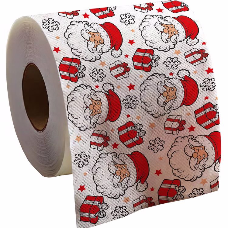 Toilettenpapier 3 Rollen Weihnachten 2lagig mit Weihnachts-Motiv 30m Bad-Deko Weihnachts-Deko Advent Badezimmer Gäste-WC Weihnachtsstimmung Dezember Nahaufnahme der bedruckten Toilettenpapierrolle mit Santa, Geschenken und Schneeflocken.