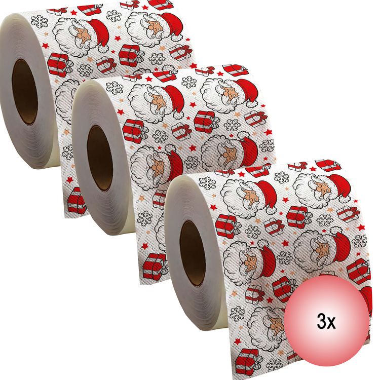Toilettenpapier 3 Rollen Weihnachten 2lagig mit Weihnachts-Motiv 30m Bad-Deko Drei Rollen des bedruckten Toilettenpapiers mit Weihnachtsmann-Motiv, Geschenken und Schneeflocken.