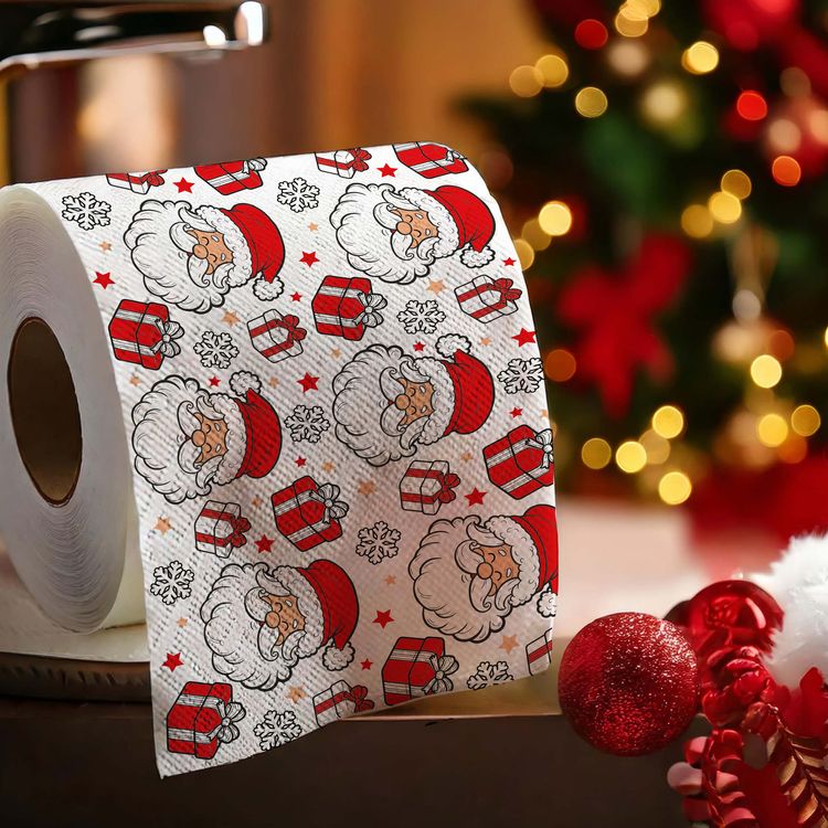 Toilettenpapier 3 Rollen Weihnachten 2lagig mit Weihnachts-Motiv 30m Bad-Deko Drei Rollen des bedruckten Toilettenpapiers mit Weihnachtsmann-Motiv, Geschenken und Schneeflocken.