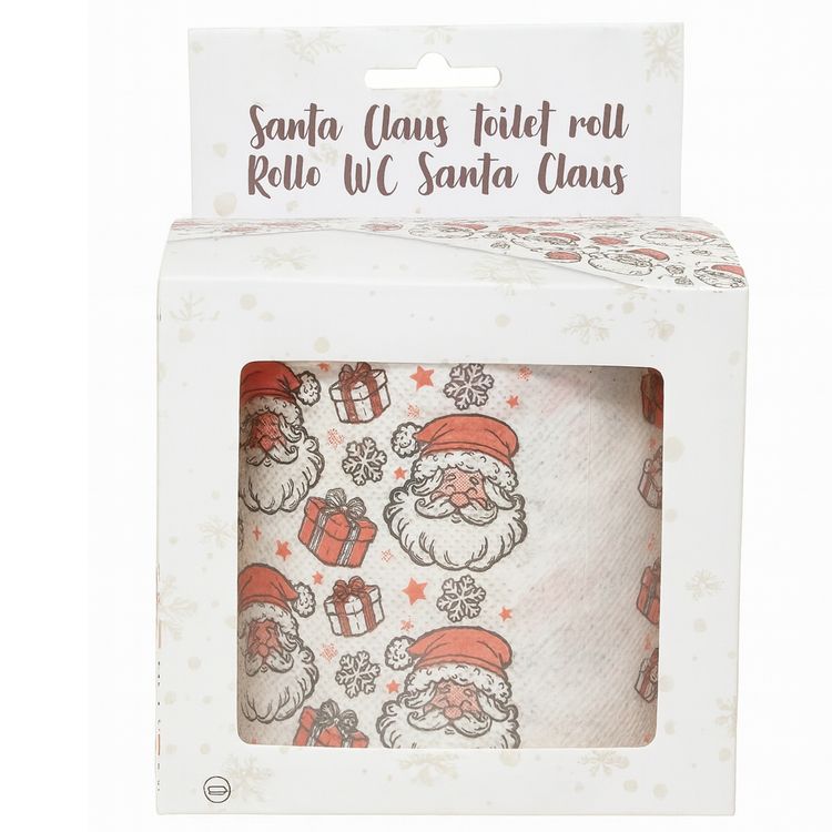 Toilettenpapier 3 Rollen Weihnachten 2lagig mit Weihnachts-Motiv 30m Bad-Deko Drei Rollen des bedruckten Toilettenpapiers mit Weihnachtsmann-Motiv, Geschenken und Schneeflocken.