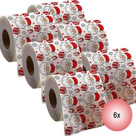 Sechs Rollen des bedruckten Toilettenpapiers mit Weihnachtsmann-Motiv, Geschenken und Schneeflocken.