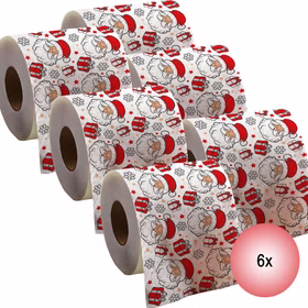 Sechs Rollen des bedruckten Toilettenpapiers mit Weihnachtsmann-Motiv, Geschenken und Schneeflocken mit dem Hinweis, dass im Lieferumfang 6 Stück enthalten sind.