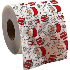 Sechs Rollen des bedruckten Toilettenpapiers mit Weihnachtsmann-Motiv, Geschenken und Schneeflocken.