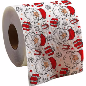 Nahaufnahme der bedruckten Toilettenpapierrolle mit Santa, Geschenken und Schneeflocken.