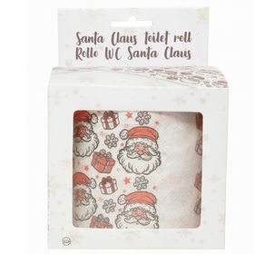 Sechs Rollen des bedruckten Toilettenpapiers mit Weihnachtsmann-Motiv, Geschenken und Schneeflocken.