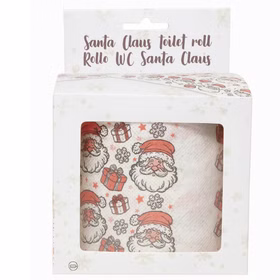 Toilettenpapierrolle mit Weihnachtsmann-Motiv im dekorativen Pappkarton von Vorne.
