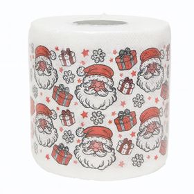 Sechs Rollen des bedruckten Toilettenpapiers mit Weihnachtsmann-Motiv, Geschenken und Schneeflocken.