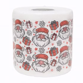 Toilettenpapierrolle mit Weihnachtsmann-Motiv vor weißem Hintergrund.