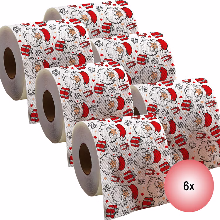 Toilettenpapier 6 Rollen Weihnachten 2lagig mit Weihnachts-Motiv 30m Bad-Deko Weihnachts-Deko Advent Badezimmer Gäste-WC Weihnachtsstimmung Dezember Sechs Rollen des bedruckten Toilettenpapiers mit Weihnachtsmann-Motiv, Geschenken und Schneeflocken mit dem Hinweis, dass im Lieferumfang 6 Stück enthalten sind.
