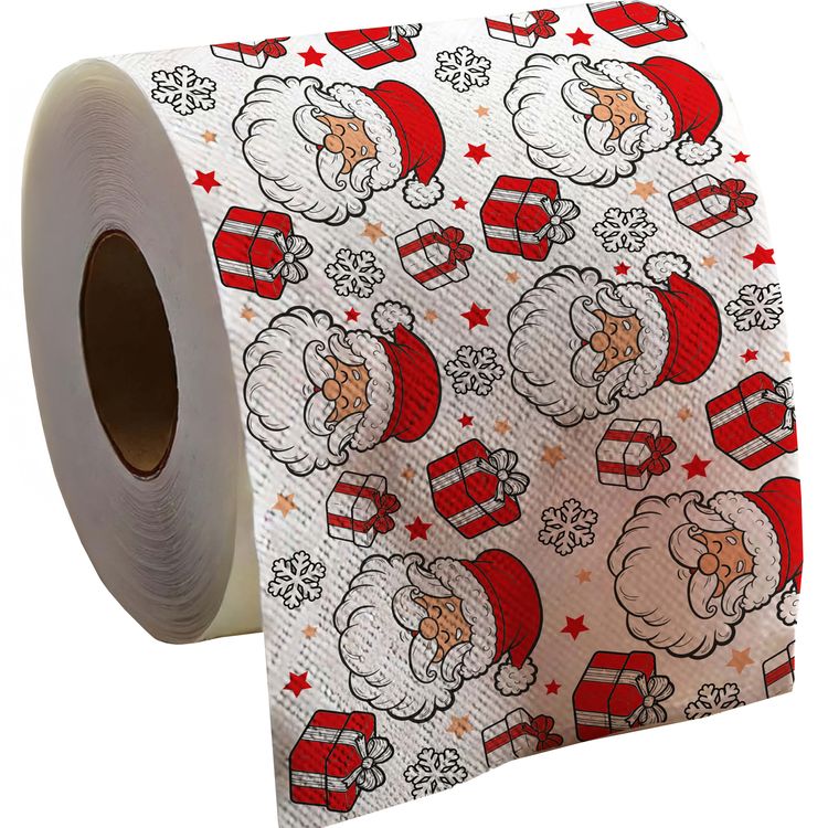 Toilettenpapier 6 Rollen Weihnachten 2lagig mit Weihnachts-Motiv 30m Bad-Deko Sechs Rollen des bedruckten Toilettenpapiers mit Weihnachtsmann-Motiv, Geschenken und Schneeflocken.