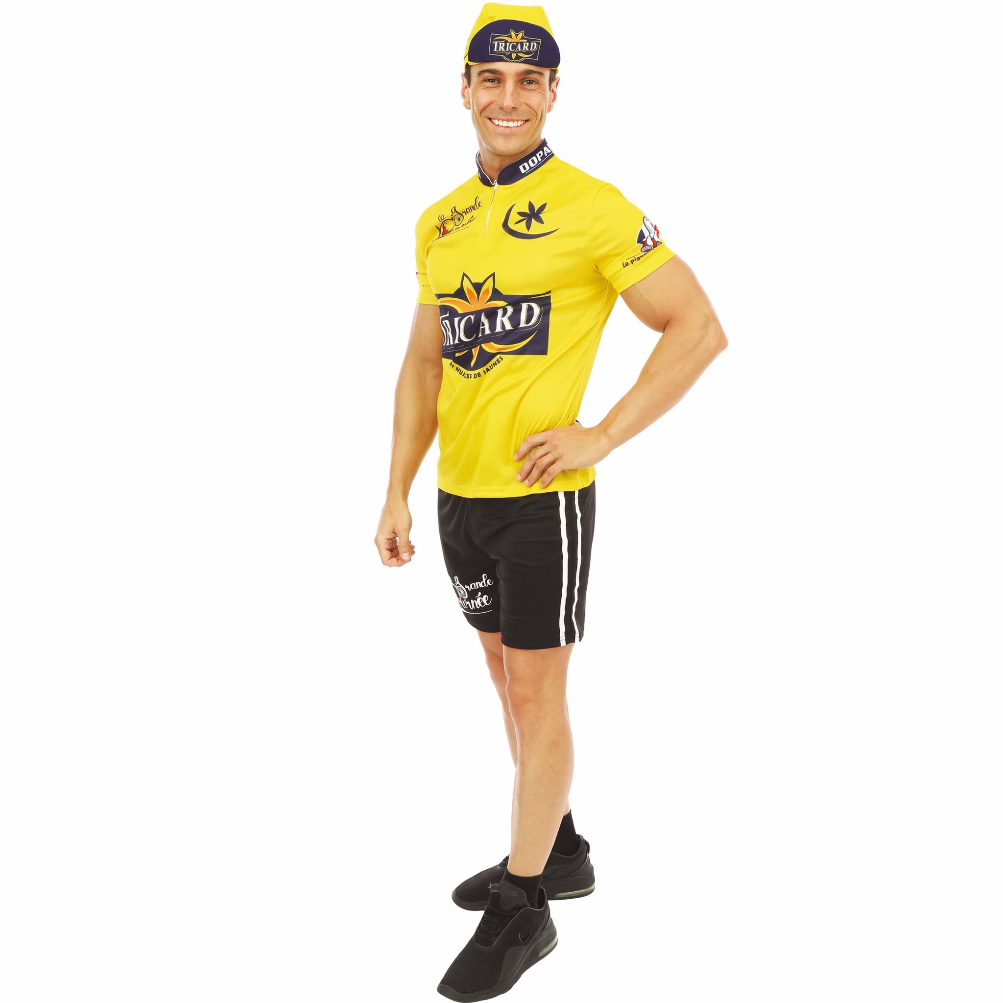 Seitenansicht des Kostüms mit gelbem Oberteil und schwarzer Shorts.