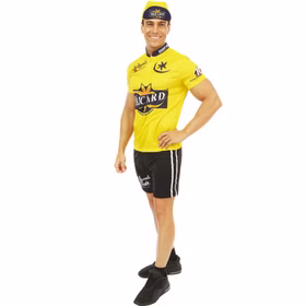 Radfahrer Kostüm La Grande Tournee Gelbes Trikot Sportler-Outfit für Herren Gr. S-XL Sport Sportler witzig Spaßkostüm Fasching Karneval Mottoparty Gruppenkostüm Seitenansicht des Kostüms mit gelbem Oberteil und schwarzer Shorts.