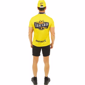 Radfahrer Kostüm La Grande Tournee Gelbes Trikot Sportler-Outfit für Herren Gr. S-XL Sport Sportler witzig Spaßkostüm Fasching Karneval Mottoparty Gruppenkostüm Rückansicht mit Trikot-Aufdruck und passender Mütze.