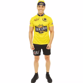 Radfahrer Kostüm La Grande Tournee Gelbes Trikot Sportler-Outfit für Herren Gr. S-XL Sport Sportler witzig Spaßkostüm Fasching Karneval Mottoparty Gruppenkostüm Vorderansicht des kompletten Outfits mit witzigem Sponsorenmotiv.