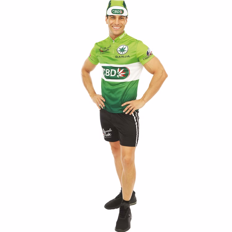 Radfahrer Kostüm La Grande Tournee Grünes Trikot Sprinter-Outfit für Herren Gr. S-XL CBD Sport Sportler witzig Spaßkostüm Fasching Karneval Mottoparty Gruppenkostüm Seitenansicht des Kostüms mit sportlichem Schnitt.