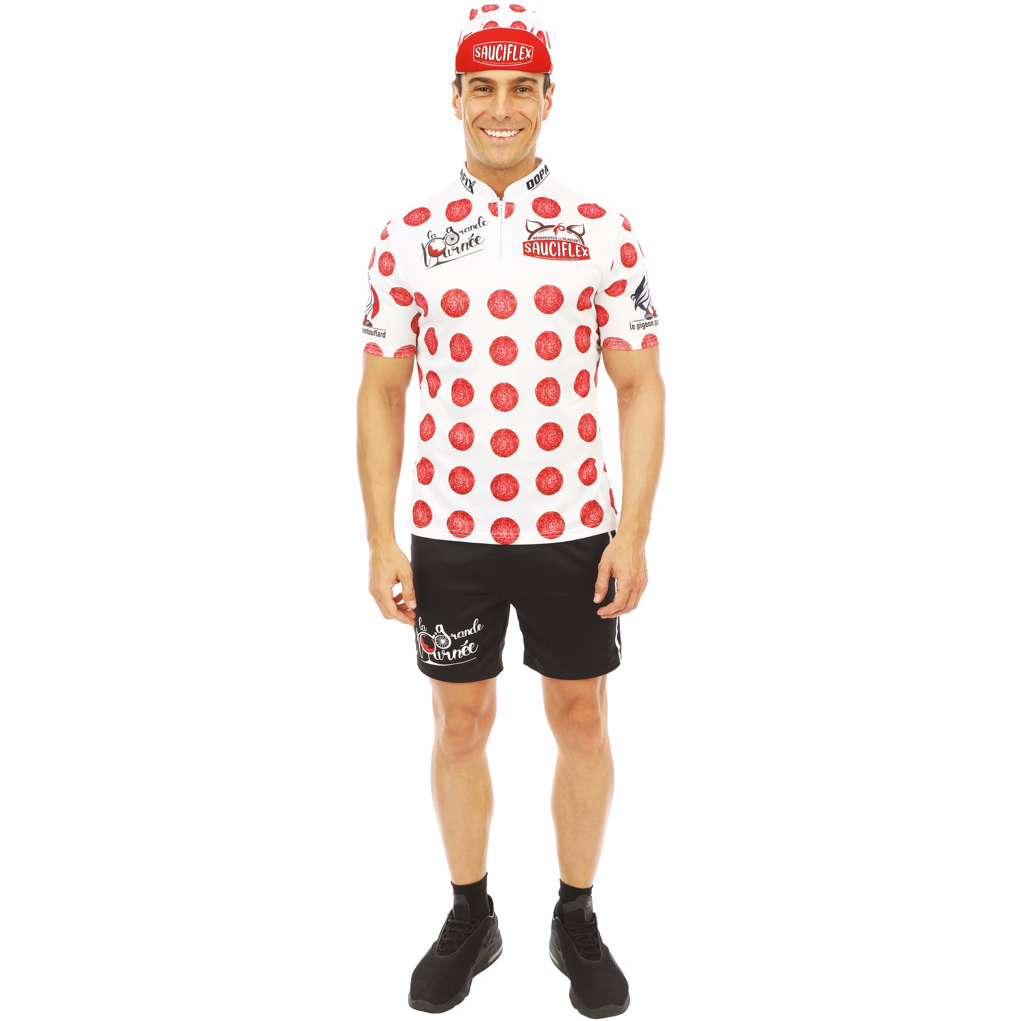 Radfahrer Kostüm La Grande Tournee Gepunktetes Trikot Sportler-Outfit für Herren Gr. S-XL Sport Sportler witzig Spaßkostüm Wursttrikot Fasching Karneval Mottoparty Gruppenkostüm Frontalansicht des gepunkteten Trikots mit roten Wurst-Punkten.