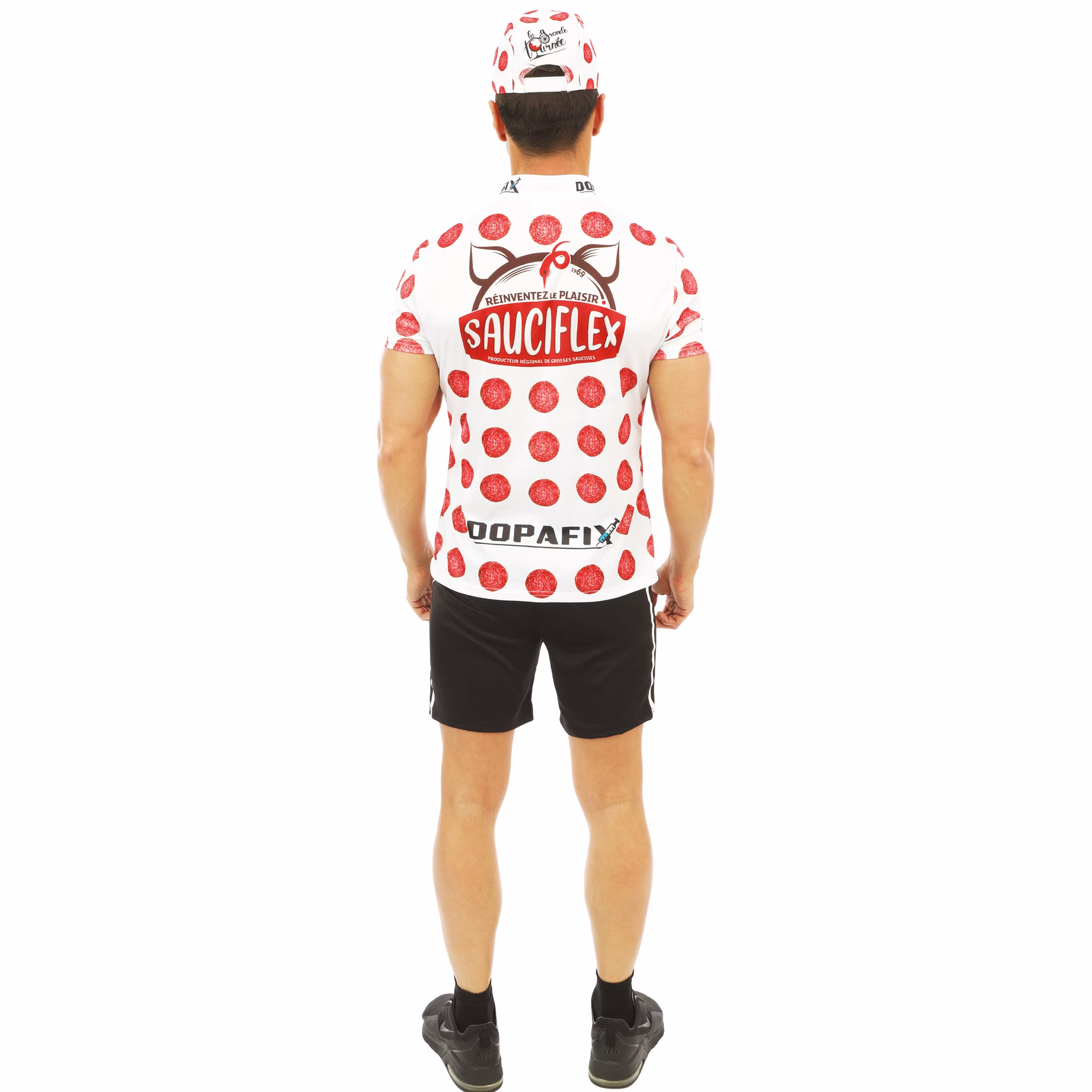Radfahrer Kostüm La Grande Tournee Gepunktetes Trikot Sportler-Outfit für Herren Gr. S-XL Sport Sportler witzig Spaßkostüm Wursttrikot Fasching Karneval Mottoparty Gruppenkostüm Rückansicht des Kostüms mit „Sauciflex“-Aufdruck.