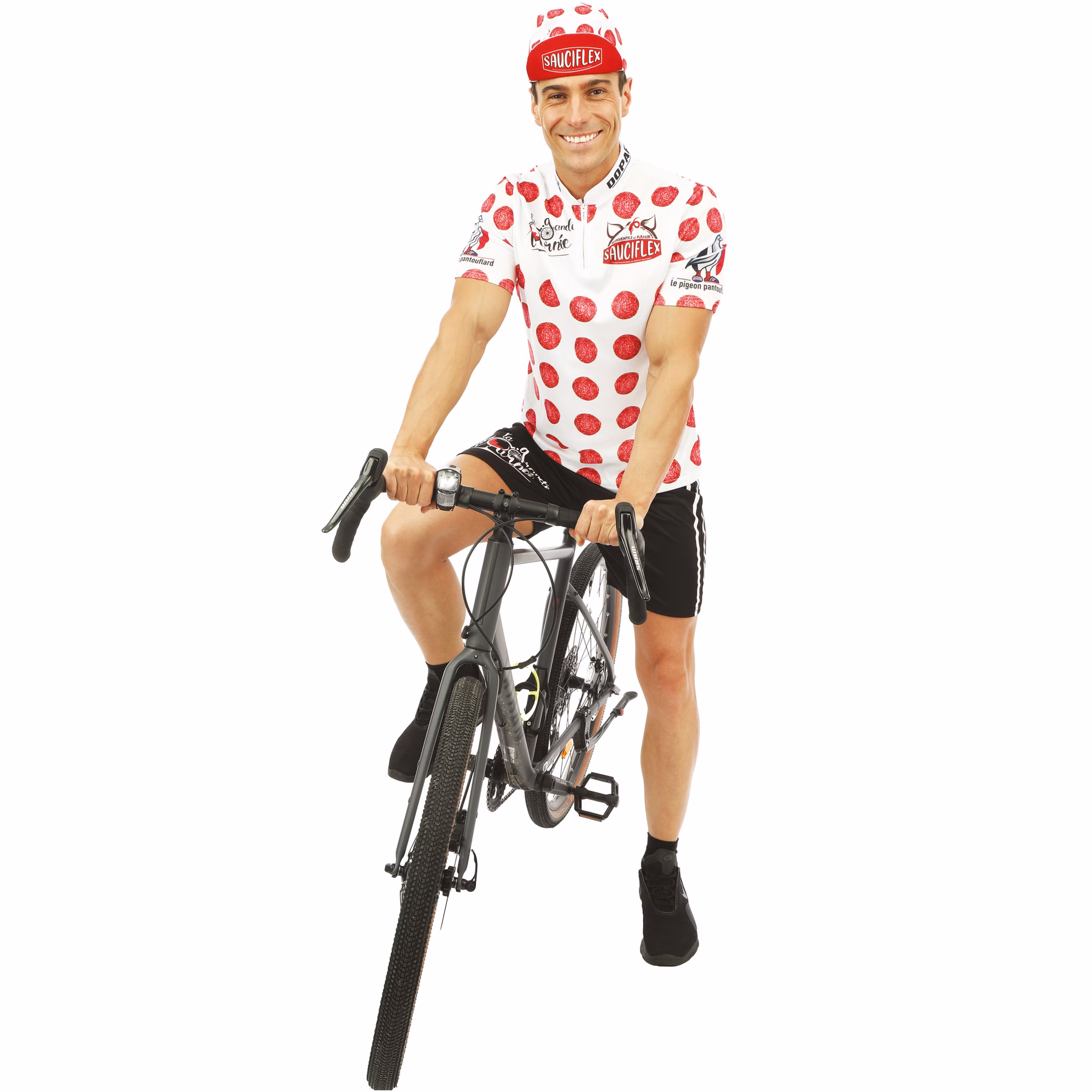 Radfahrer Kostüm La Grande Tournee Gepunktetes Trikot Sportler-Outfit für Herren Gr. S-XL Sport Sportler witzig Spaßkostüm Wursttrikot Fasching Karneval Mottoparty Gruppenkostüm Mann im gepunkteten Kostüm lachend auf Fahrrad.