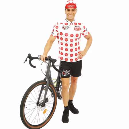 Radfahrer Kostüm La Grande Tournee Gepunktetes Trikot Sportler-Outfit für Herren Gr. S-XL Sport Sportler witzig Spaßkostüm Wursttrikot Fasching Karneval Mottoparty Gruppenkostüm Mann im weißen, gepunkteten Radfahrer-Kostüm mit Mütze und Fahrrad.
