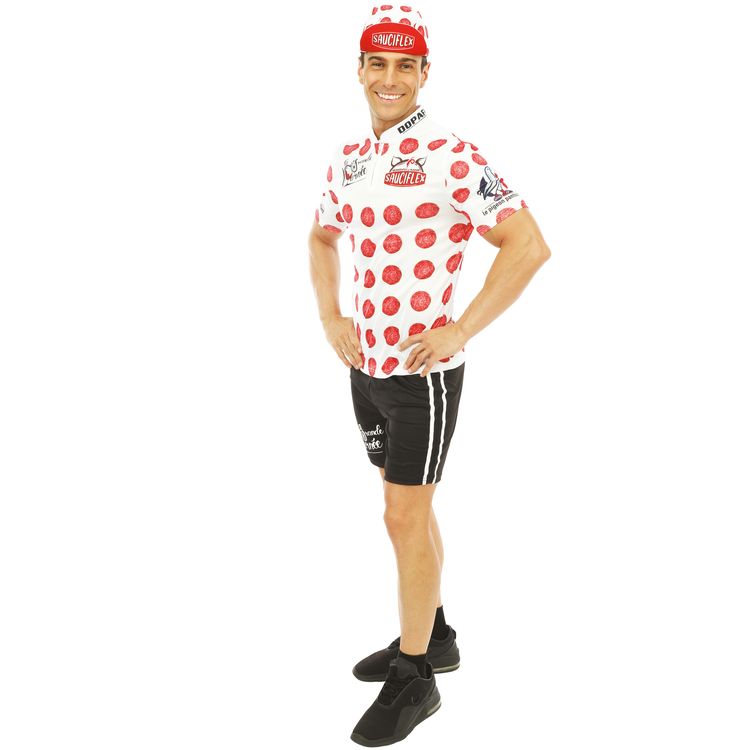 Mann im weißen, gepunkteten Radfahrer-Kostüm mit Mütze und Fahrrad.