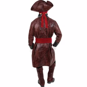 Rückansicht des Piratenkostüms mit langem Mantel und rotem Schärpengürtel.