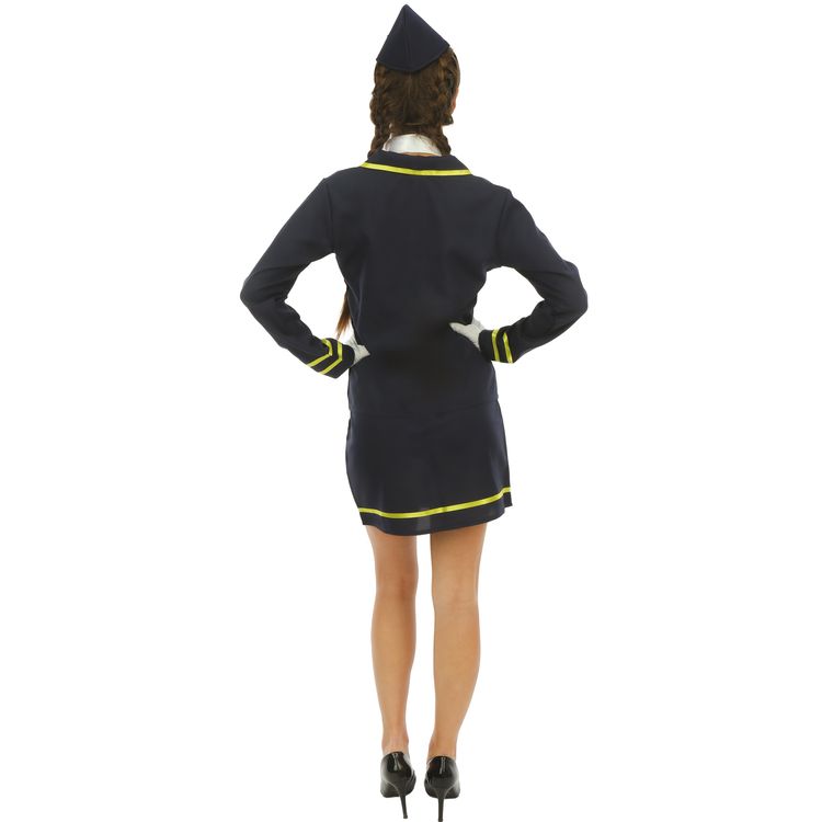 Stewardess Kostüm Miss Amelia Sky Flugbegleiterin für Damen Frau in klassischem dunkelblauen Stewardess-Kostüm mit Mütze und Halstuch, Frontalansicht.