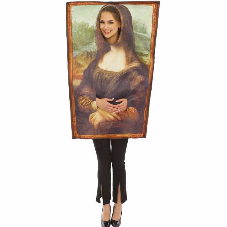 Mona Lisa Kostüm Bild Gemälde für Erwachsene Einheitsgröße Unisex Fasching Spaßkostüm Fasching Karneval Mottoparty Unisex-Kostüm Frau im Mona-Lisa-Kostüm mit klassischem Gemäldedruck, Frontalansicht.