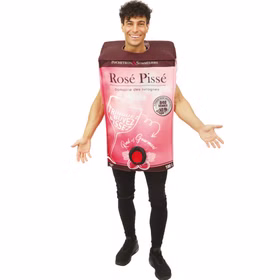 Wein Kostüm Weinkarton Rosé Pissé Edler Tropfen für Herren Onesize Spaßkostüm Fasching Karneval JGA Mottoparty Mann im Rosé-Pissé-Weinkarton-Kostüm, Frontalansicht mit sichtbarem Zapfhahn.