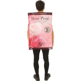 Mann im Rosé-Pissé-Weinkarton-Kostüm, Frontalansicht mit sichtbarem Zapfhahn.