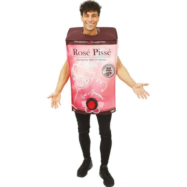 Mann im Rosé-Pissé-Weinkarton-Kostüm, Frontalansicht mit sichtbarem Zapfhahn.