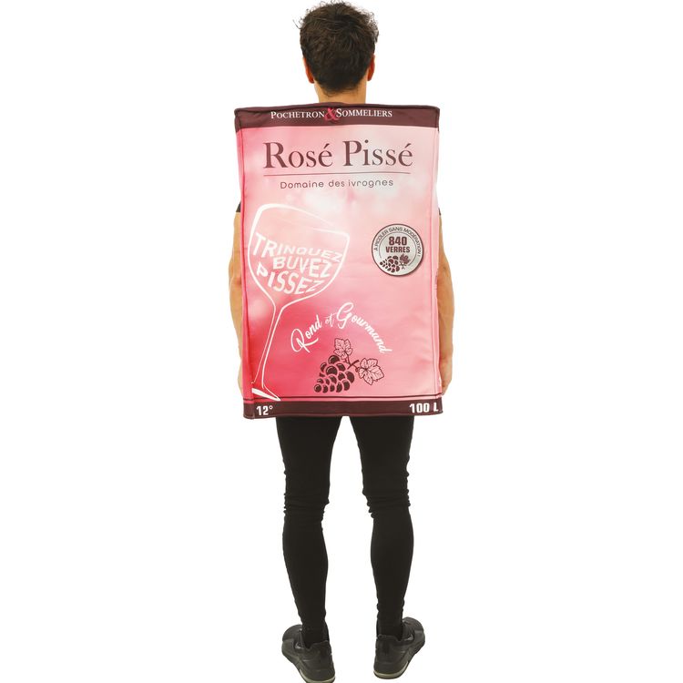 Wein Kostüm Weinkarton Rosé Pissé Edler Tropfen für Herren Mann im Rosé-Pissé-Weinkarton-Kostüm, Frontalansicht mit sichtbarem Zapfhahn.