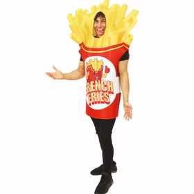 Mann im Pommes-Kostüm mit lachendem Gesicht, Seitenansicht.