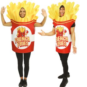 Zwei Erwachsene im French-Fries-Kostüm als Pommes-Box, Frontalansicht.