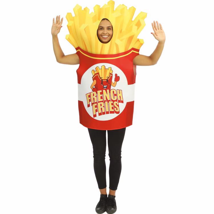 Pommes Kostüm French Fries Box zum Anbeißen Lecker für Erwachsene Onesize Fasching Karneval Mottoparty Frau im French-Fries-Kostüm, Frontalansicht mit erhobenen Armen.
