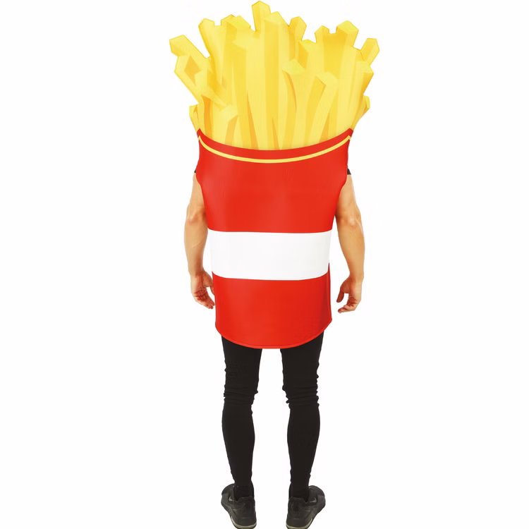 Pommes Kostüm French Fries Box zum Anbeißen Lecker für Erwachsene Onesize Fasching Karneval Mottoparty Rückansicht der Pommes-Box-Tunika in Rot-Gelb mit weißem Mittelstreifen.