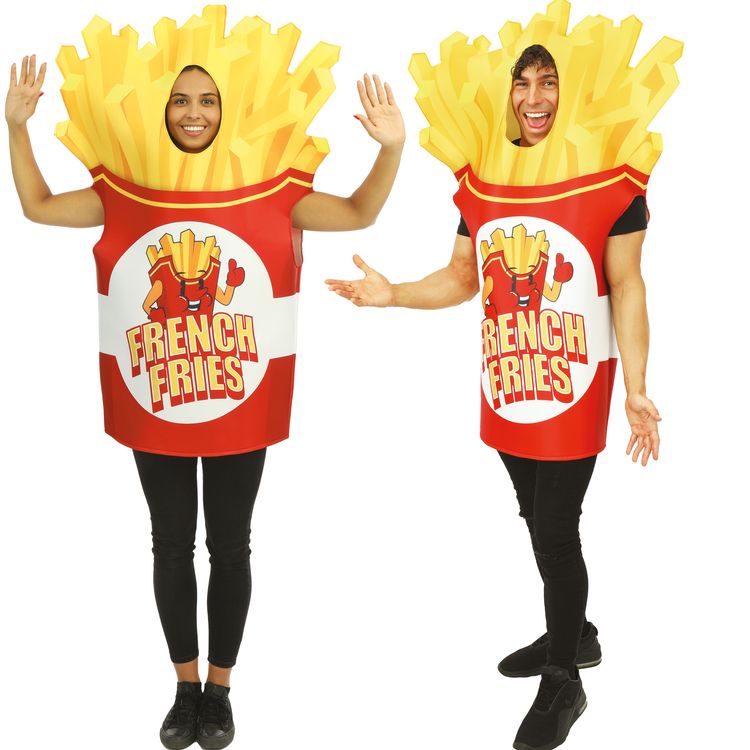 Zwei Erwachsene im French-Fries-Kostüm als Pommes-Box, Frontalansicht.