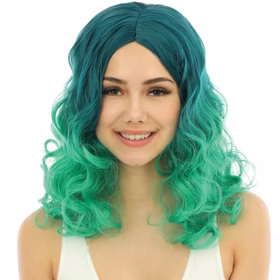 Fee Langhaar Locken-Perücke Türkis Grün frisierbar & hitzebeständig für Damen Kostüm-Zubehör Fasching Karneval Mottoparty Frau mit türkis-grüner Langhaarperücke im Ombre-Look, Frontansicht.