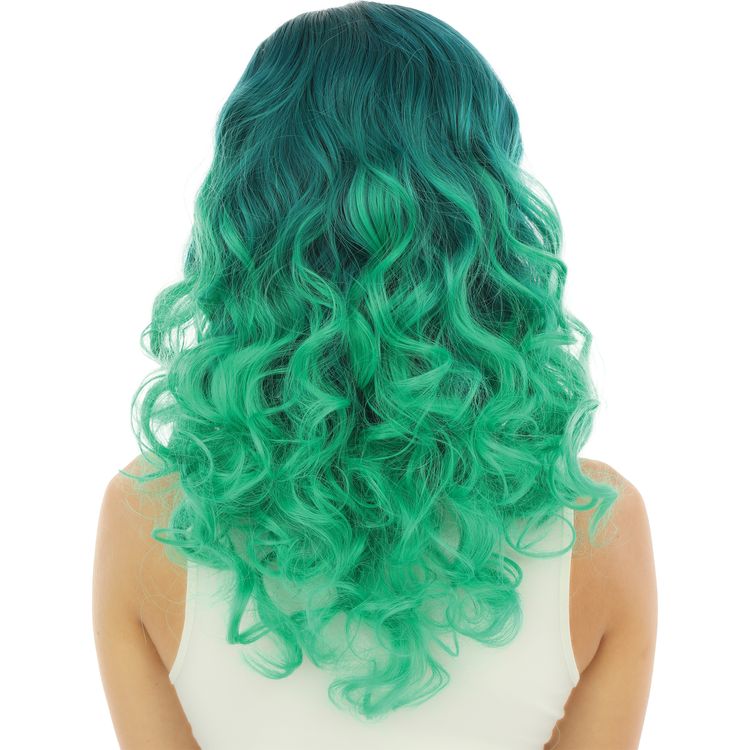 Fee Langhaar Locken-Perücke Türkis Grün frisierbar & hitzebeständig für Damen Frau mit türkis-grüner Langhaarperücke im Ombre-Look, Frontansicht.