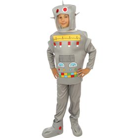 Kind im silbernen Roboterkostüm mit buntem Frontpanel, Frontansicht.