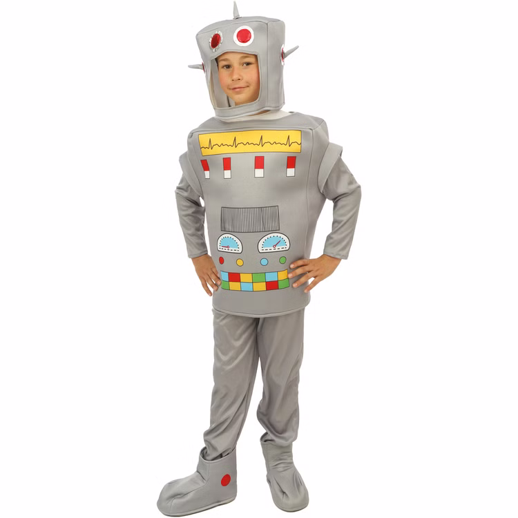 Roboter Kostüm RoboX-3000 für Kinder 3-9 Jahre Grau Silber Weltraum Außerirdischer Fasching Karneval Kinderfasching Mottoparty Kindergeburtstag Kind im silbernen Roboterkostüm mit buntem Frontpanel, Frontansicht.
