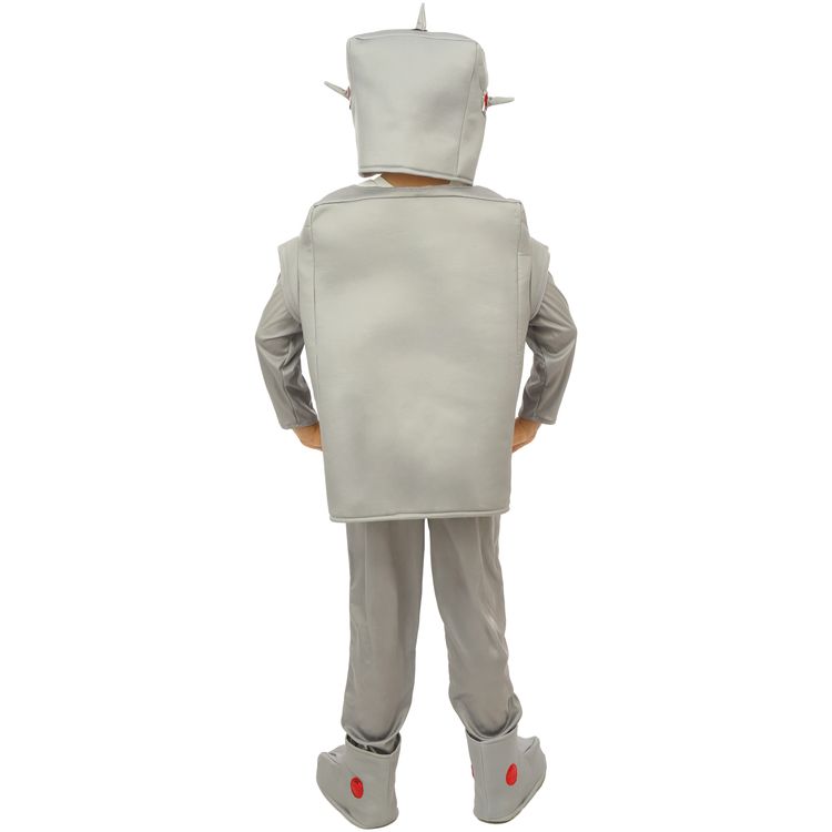 Roboter Kostüm RoboX-3000 Grau Silber für Kinder Kind im silbernen Roboterkostüm mit buntem Frontpanel, Frontansicht.
