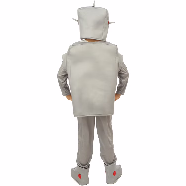 Roboter Kostüm RoboX-3000 für Kinder 3-9 Jahre Grau Silber Weltraum Außerirdischer Fasching Karneval Kinderfasching Mottoparty Kindergeburtstag Rückansicht des Roboterkostüms mit eckiger Rückenform und Überschuhen.