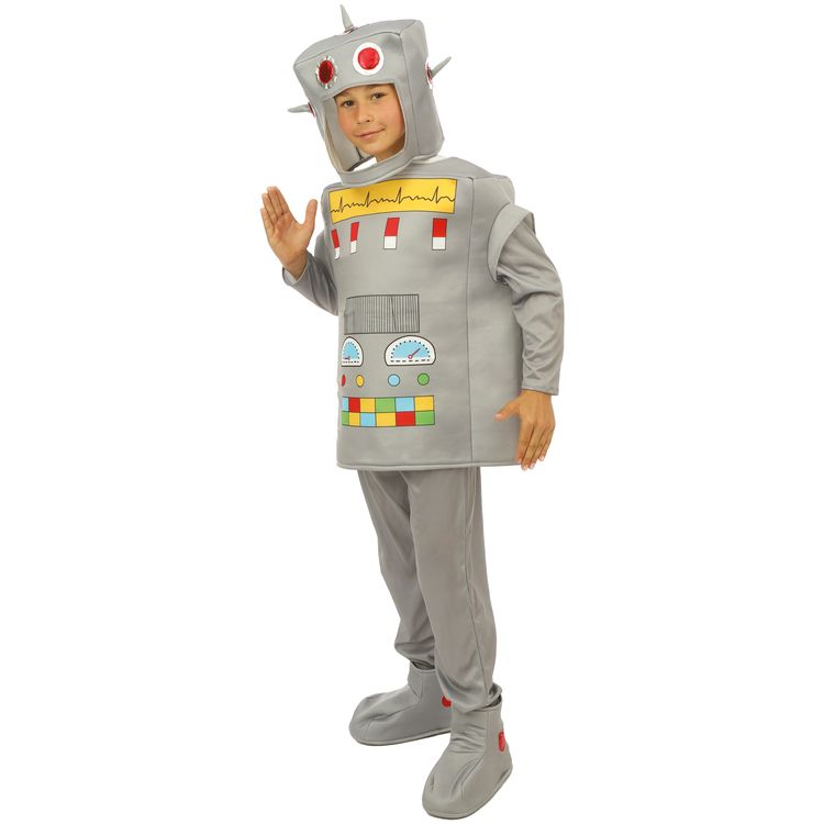 Roboter Kostüm RoboX-3000 Grau Silber für Kinder Kind im silbernen Roboterkostüm mit buntem Frontpanel, Frontansicht.