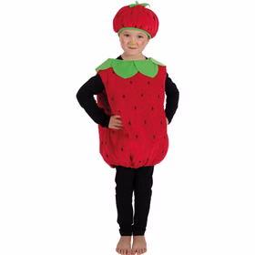 Erdbeer Kostüm Erdbeere Sweet Strawbeery für Kinder 3-6 Jahre Rot Süßes Früchtchen Obst Fasching Karneval Mottoparty Kind im roten Erdbeer-Kostüm „Sweet Strawberry“ mit grünem Kragen und passender Mütze, Frontansicht.