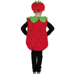 Kind im roten Erdbeer-Kostüm „Sweet Strawberry“ mit grünem Kragen und passender Mütze, Frontansicht.