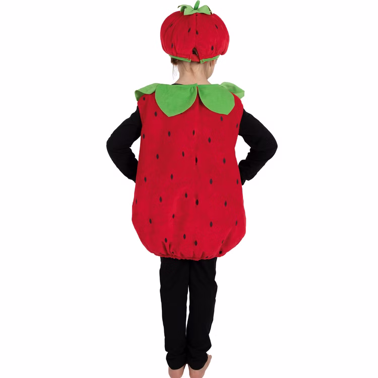 Erdbeer Kostüm Erdbeere Sweet Strawbeery für Kinder 3-6 Jahre Rot Süßes Früchtchen Obst Fasching Karneval Mottoparty Rückansicht des Kinder-Erdbeerkostüms mit grünen Blättern und schwarzer Punktverzierung.