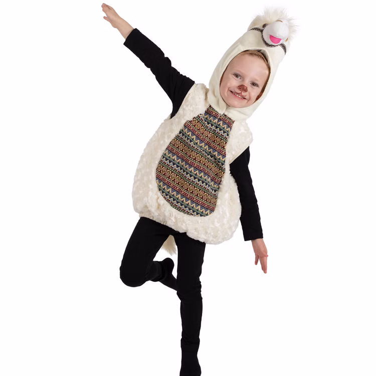 Lama Kostüm Alpaka Yurak für Kinder 3-6 Jahre Weiß Tierkostüm Tier Fasching Karneval Mottoparty Kinderfasching Kind im Lama-Kostüm „Alpaka Yurak“ mit bunter Brustverzierung und Kapuze mit Lama-Gesicht.