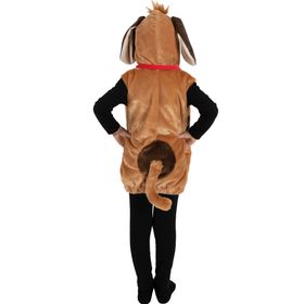 Kind im braunen Hundekostüm „Bello der Kuschelhund“ mit Kapuze und Hundegesicht, Frontansicht.